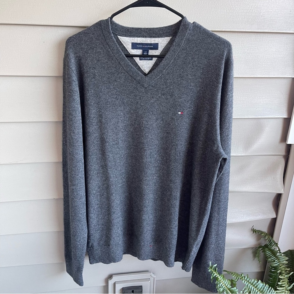 Tommy Hilfiger 100% Cashmere Men's Grey V-neck Jumper Size L Large Peppy Carrier